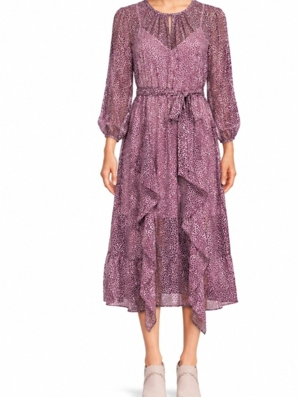 DKNY Long-Sleeve Animal Print Midi Dress with Tie Waist Size XL NWT